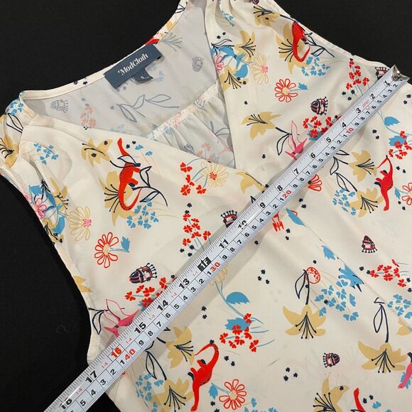 ~ ModCloth Sm Blouse Sleeveless Vneck Floral/Dinos/UFOs/Planets/Rockets Ltweight - Picture 7 of 14